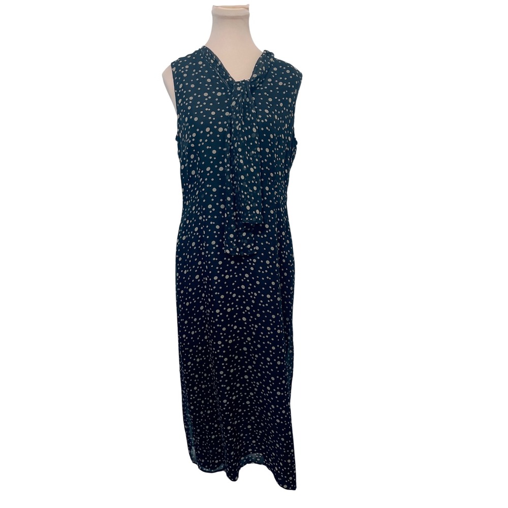 Robbie Bee Women Dress 10 Silk Polka Dot Tie Neck Sleeveless Midi Black Tan